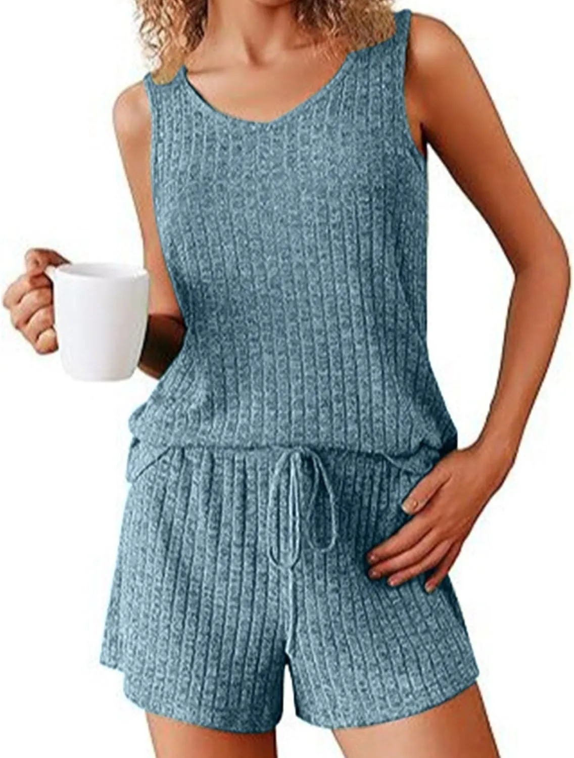 Ribbed Knit Pajama Sets for Womens 2 Piece Sleeveless V Neck and Shorts Lounge Set Summer Cute Soft Comfy Outfits