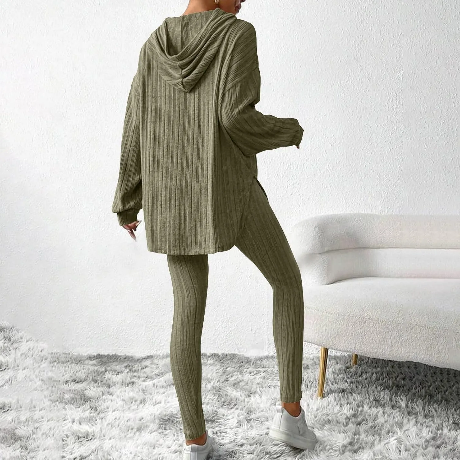 Ribbed Knit Set Womens 2 Piece Long Sleeve Hoodie Pullover Tops and Leggings Outfit Solid Color Cute Loungewear Sets