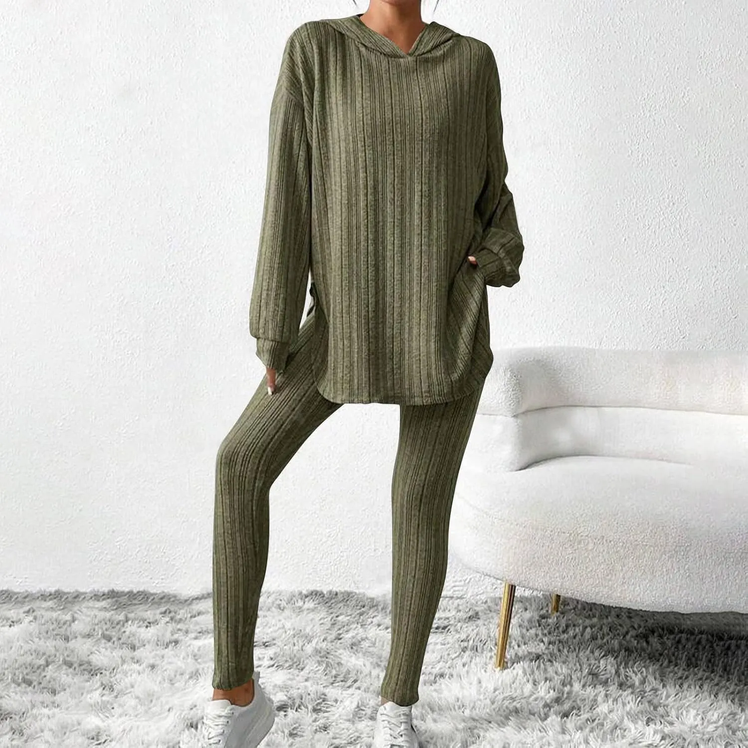 Ribbed Knit Set Womens 2 Piece Long Sleeve Hoodie Pullover Tops and Leggings Outfit Solid Color Cute Loungewear Sets