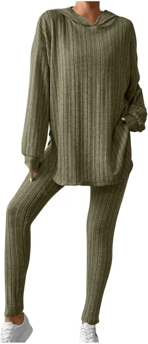 Ribbed Knit Set Womens 2 Piece Long Sleeve Hoodie Pullover Tops and Leggings Outfit Solid Color Cute Loungewear Sets