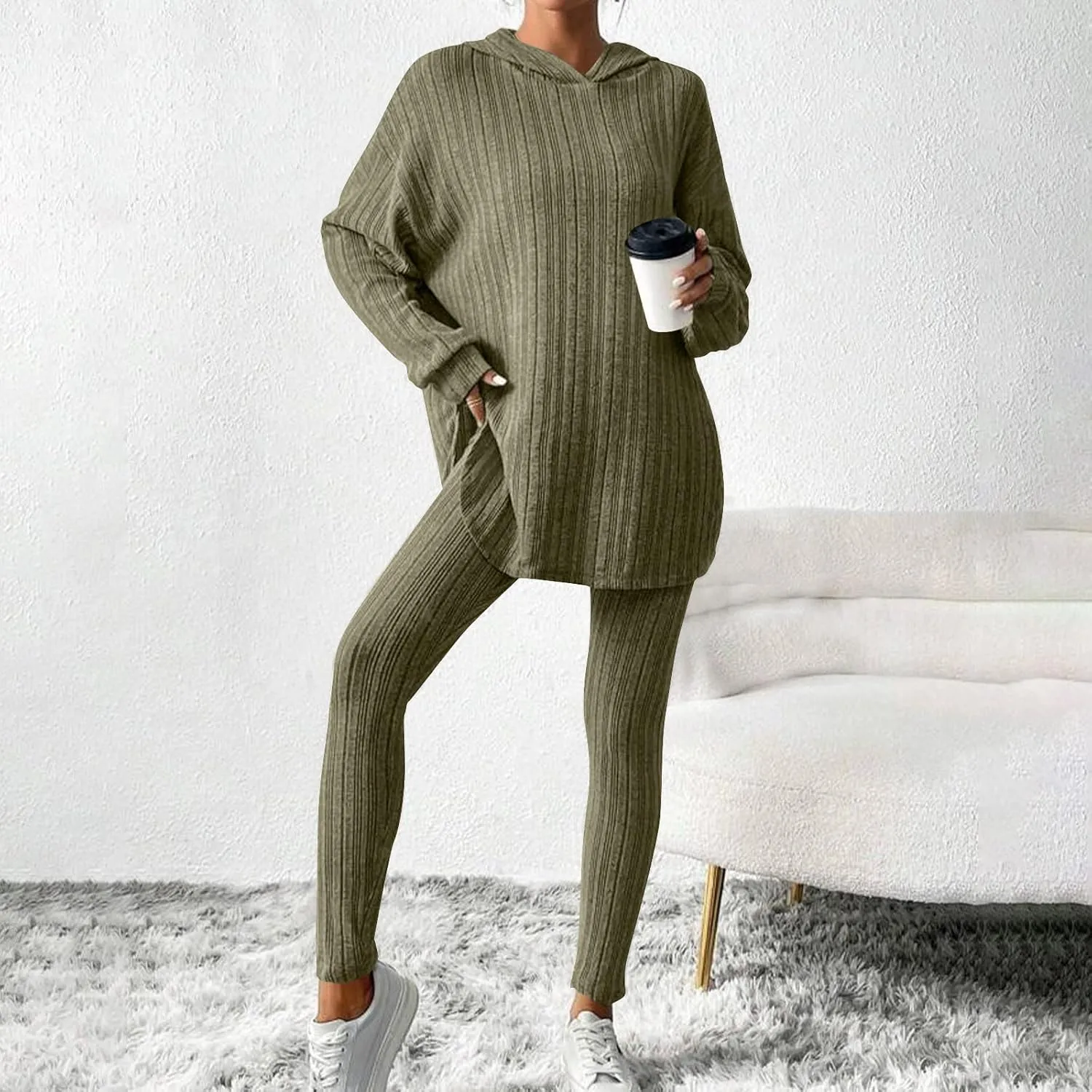 Ribbed Knit Set Womens 2 Piece Long Sleeve Hoodie Pullover Tops and Leggings Outfit Solid Color Cute Loungewear Sets
