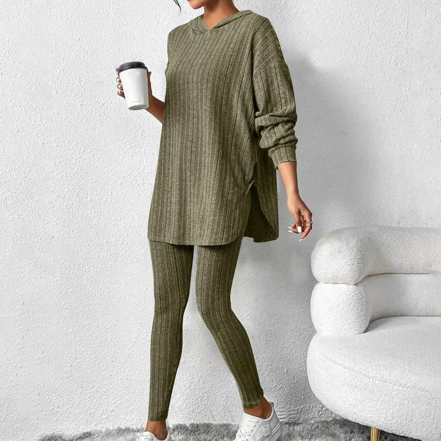 Ribbed Knit Set Womens 2 Piece Long Sleeve Hoodie Pullover Tops and Leggings Outfit Solid Color Cute Loungewear Sets