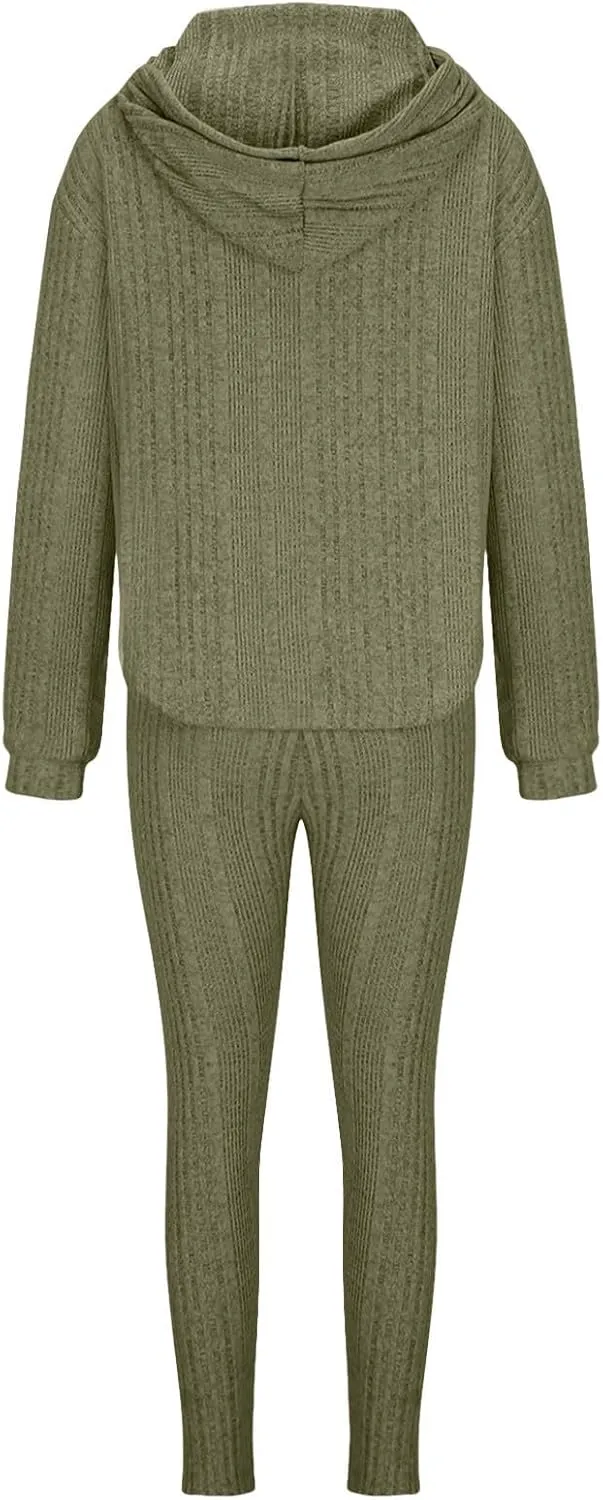 Ribbed Knit Set Womens 2 Piece Long Sleeve Hoodie Pullover Tops and Leggings Outfit Solid Color Cute Loungewear Sets