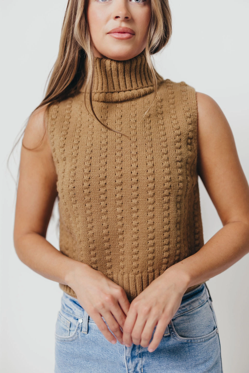 Ribbed Collar Style WideNeckline Mandi Sweater Vest in Camel