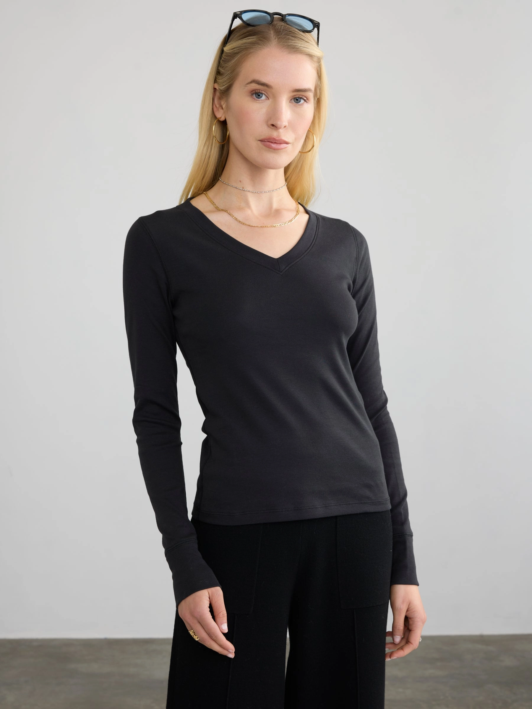 RIBBED COTTON L/S V-NECK StretchTechnology Light Fabric