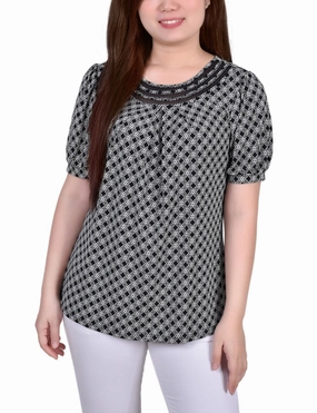 summer look Short Puff Sleeve Sheer Inset Top
