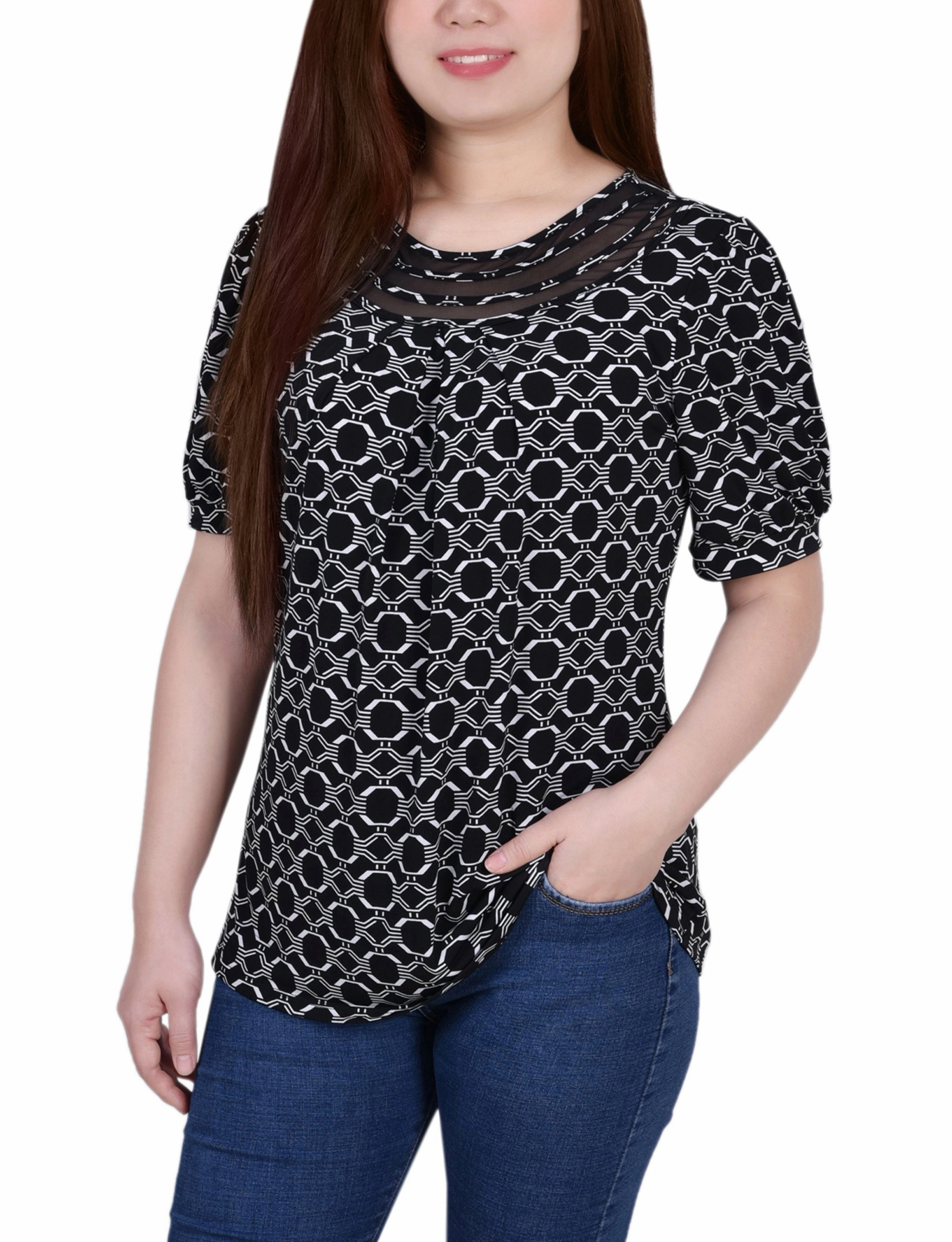 Quick Access Pockets High Neckline Structure Short Puff Sleeve Sheer Inset Top