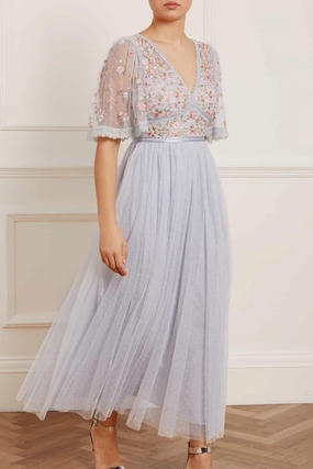 Cool Tone Bright-Hue Ribbon Bouquet Bodice Ankle Gown