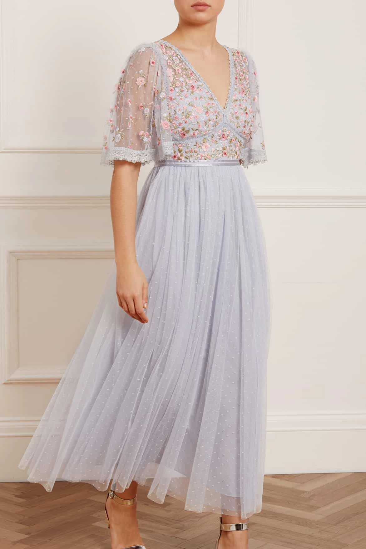 Cool Tone Bright-Hue Ribbon Bouquet Bodice Ankle Gown