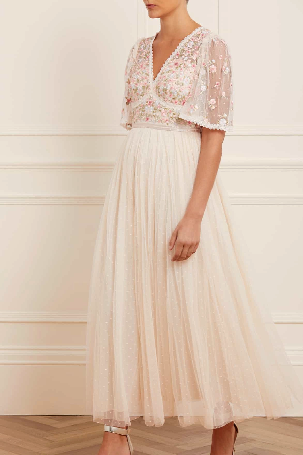 Grace Walk Clean Drape Ribbon Bouquet Bodice Ankle Gown