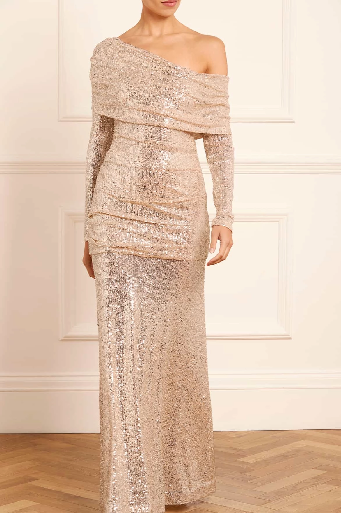 Mesh-Sleeve Cozy Drape Nova One-Shoulder Ankle Gown