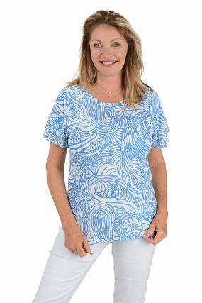 RibbedHemline Rolled Hem Detailing Riviera Scenery Ruffle Sleeve Tee