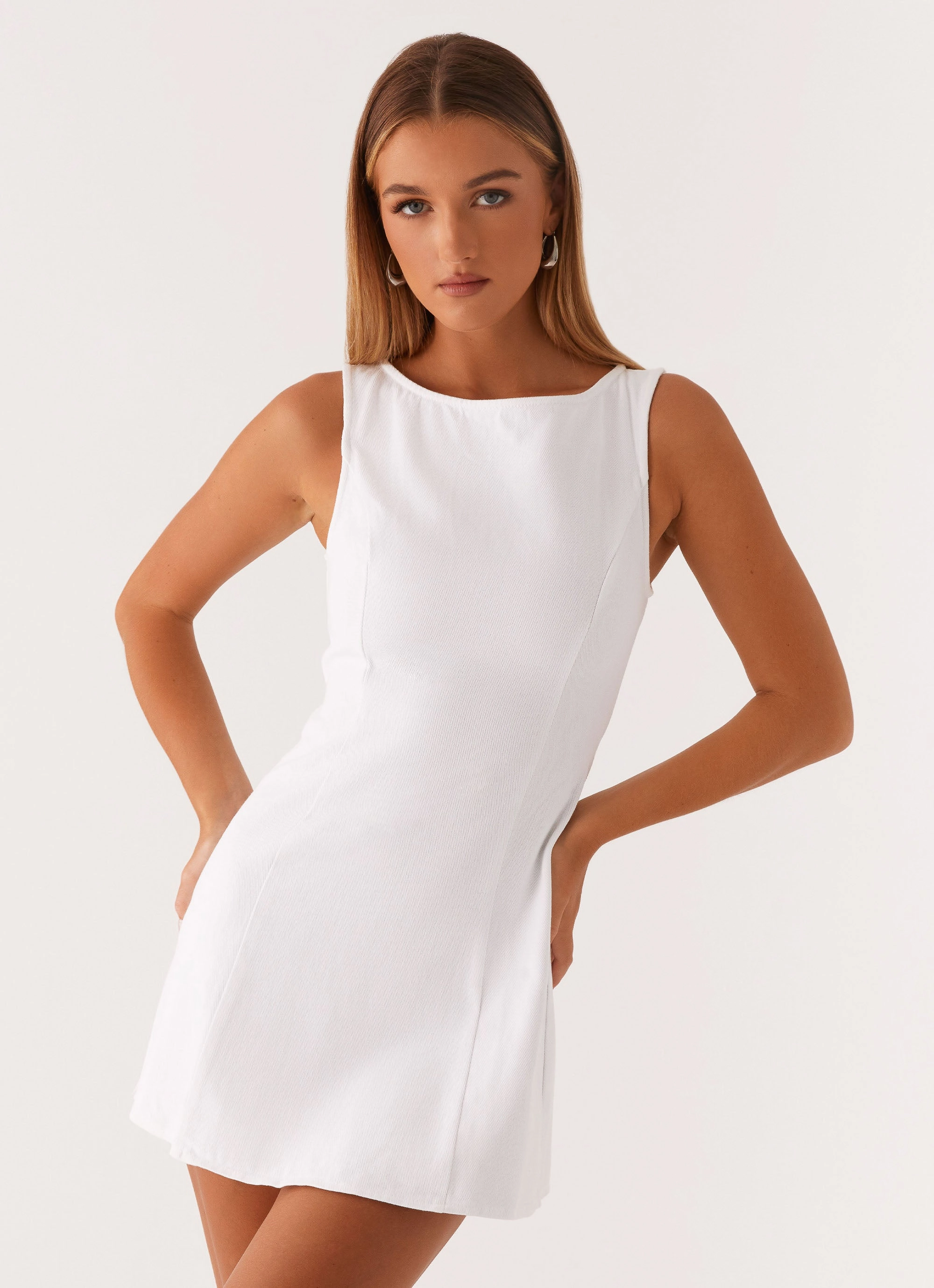 Rochelle Denim Mini Dress - White Comfy and Relaxed Travel Essential