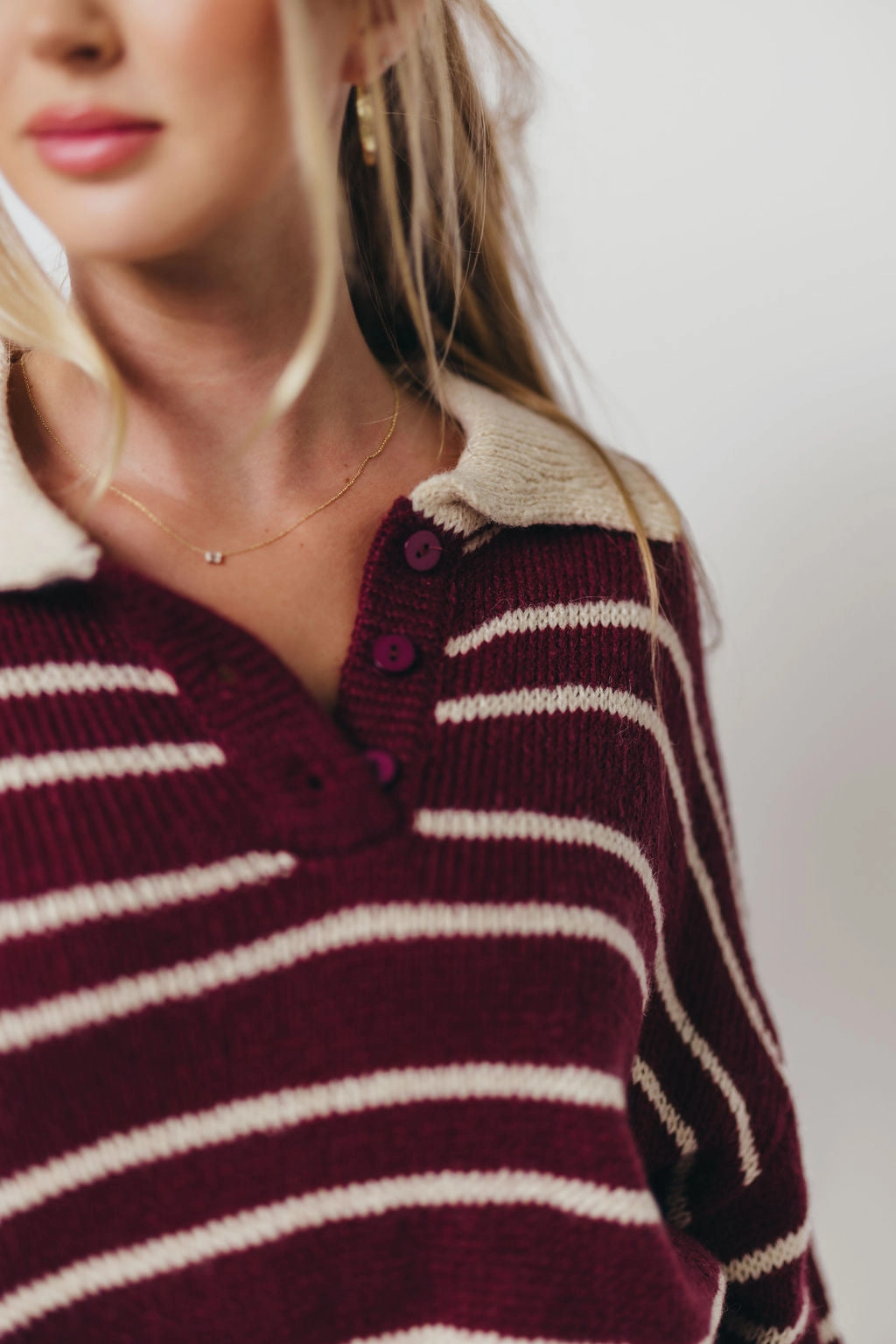 Rochelle Stripe Sweater with Contrast Collar in Burgundy QuickRelease Wind Resistant Fabric