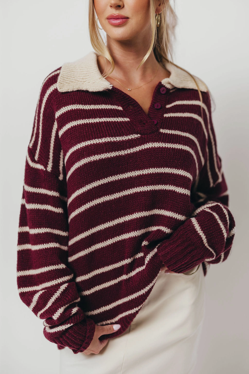 Rochelle Stripe Sweater with Contrast Collar in Burgundy DurableStitching