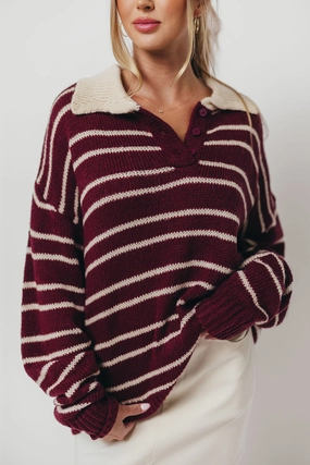 Rochelle Stripe Sweater with Contrast Collar in Burgundy DurableStitching