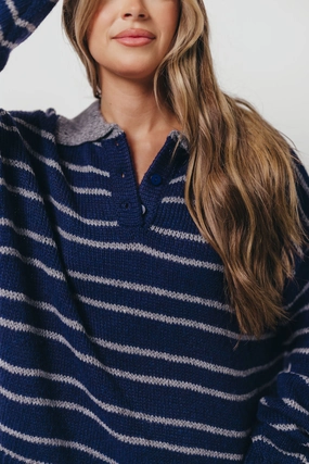 Airflow Optimized Weave Drop Shoulder Cut Rochelle Stripe Sweater with Contrast Collar in Navy