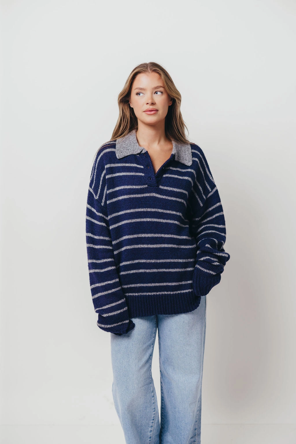 AthleisureReady UPFProtection Rochelle Stripe Sweater with Contrast Collar in Navy