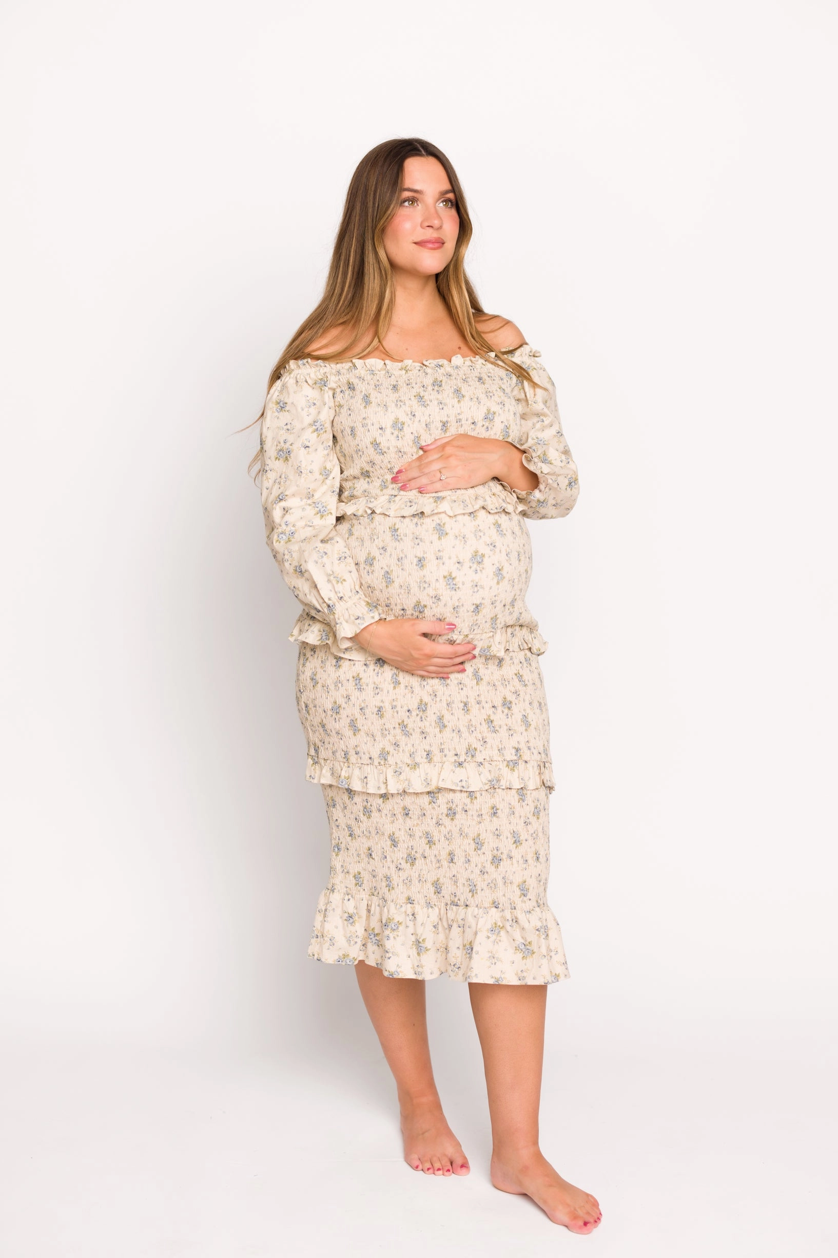 Lila Floral Printed Smocked Midi Dress in Blue - Bump Friendly *Final-Sale* Light Motion Pleated-Texture
