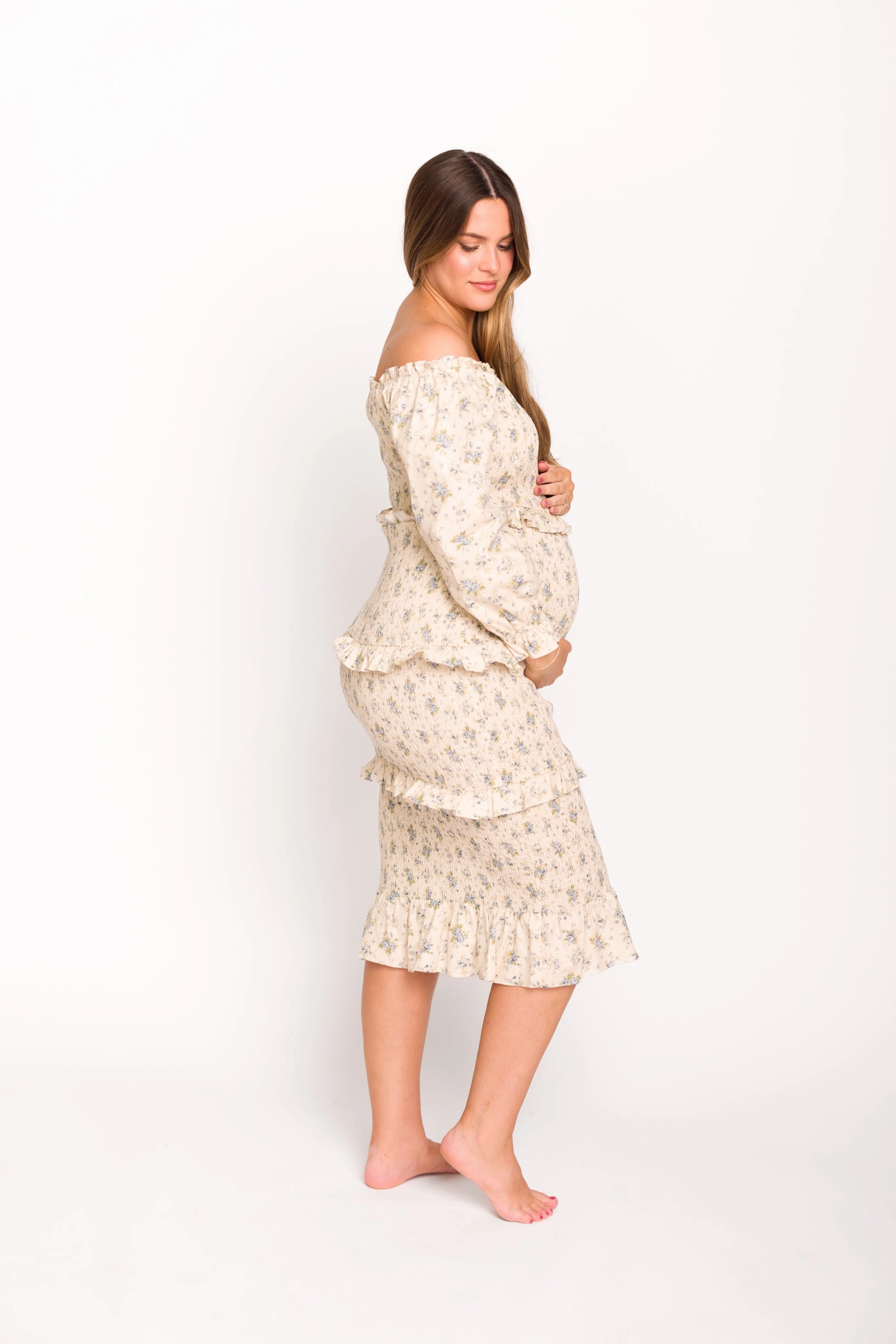 Youthful Look Lila Floral Printed Smocked Midi Dress in Blue - Bump Friendly *Final-Sale*