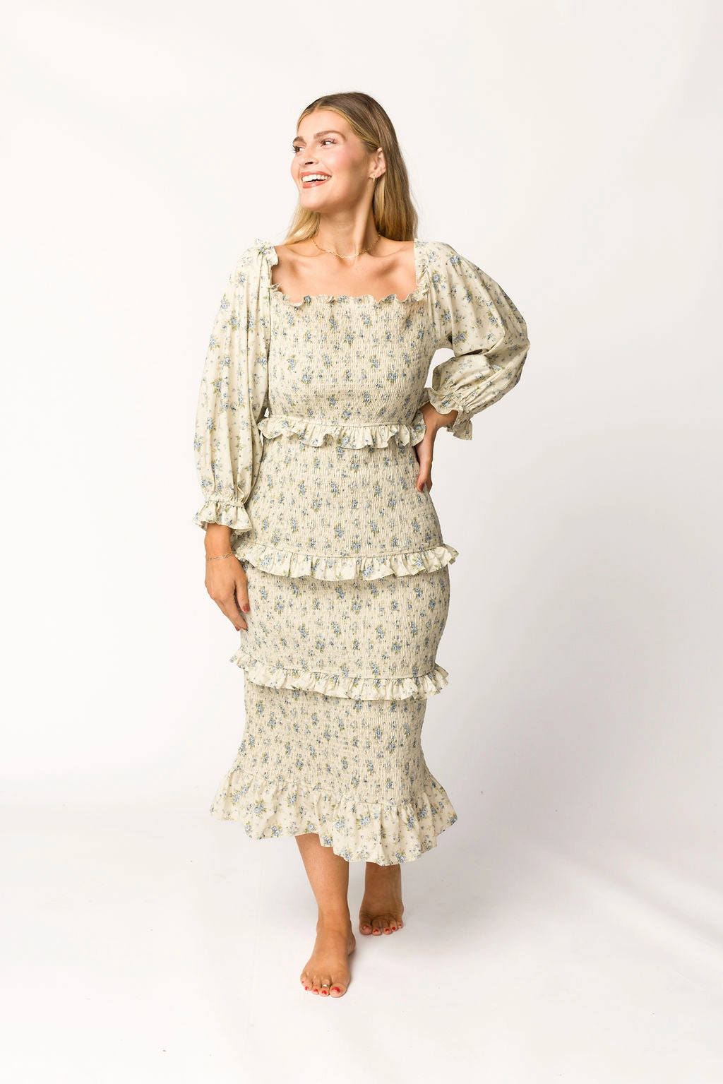 Night Out Lila Floral Printed Smocked Midi Dress in Blue - Bump Friendly *Final-Sale*