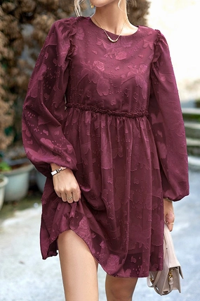 Relaxed Waist Light Mood WOMEN LOOSE FIT LACE LONG SLEEVE CHIFFON DRESS