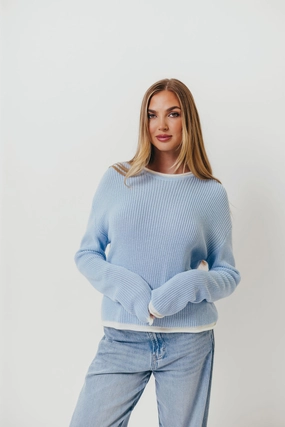 Bohemian style Ronnie Contrast Knit Sweater in Sky/White