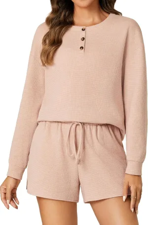 Rooscier Women's Waffle Knit Pajama Sets Long Sleeve Top and Shorts Matching Lounge Sets
