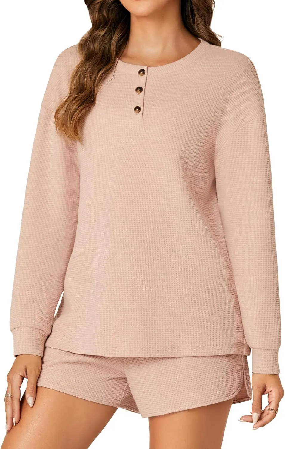 Rooscier Women's Waffle Knit Pajama Sets Long Sleeve Top and Shorts Matching Lounge Sets