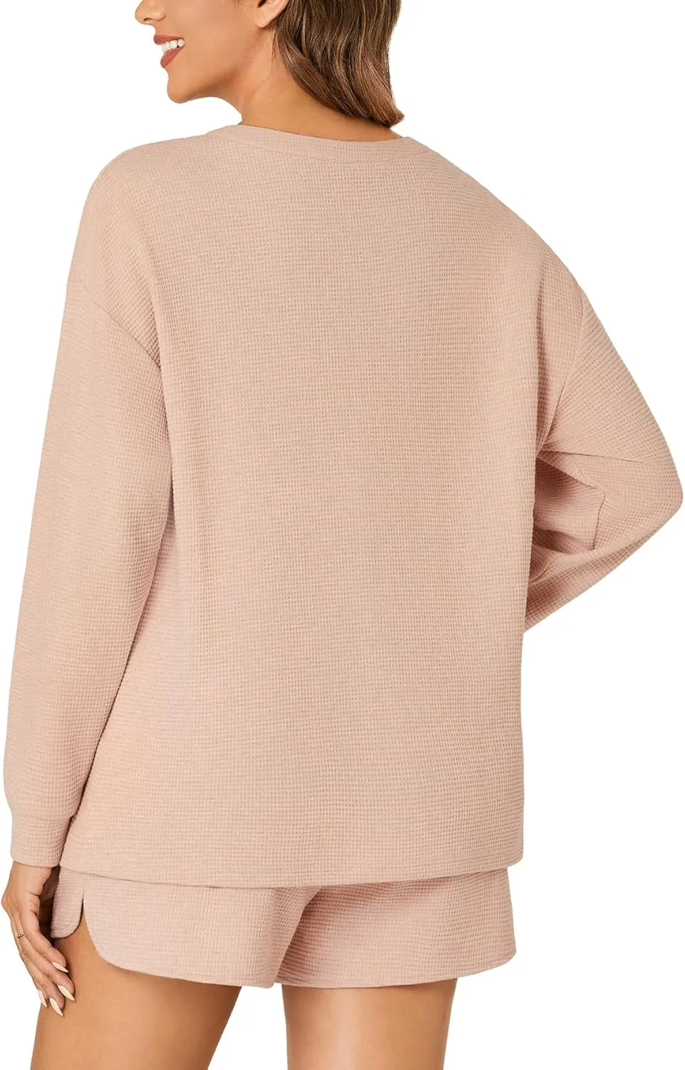 Rooscier Women's Waffle Knit Pajama Sets Long Sleeve Top and Shorts Matching Lounge Sets