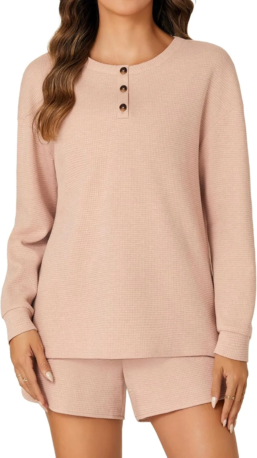 Rooscier Women's Waffle Knit Pajama Sets Long Sleeve Top and Shorts Matching Lounge Sets