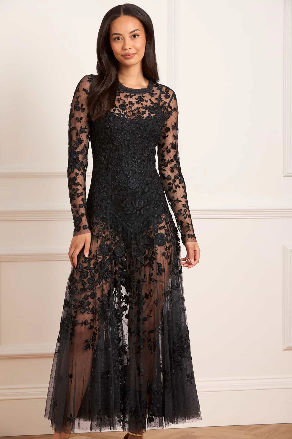 Rosa Sheer Ankle Gown Button Accent