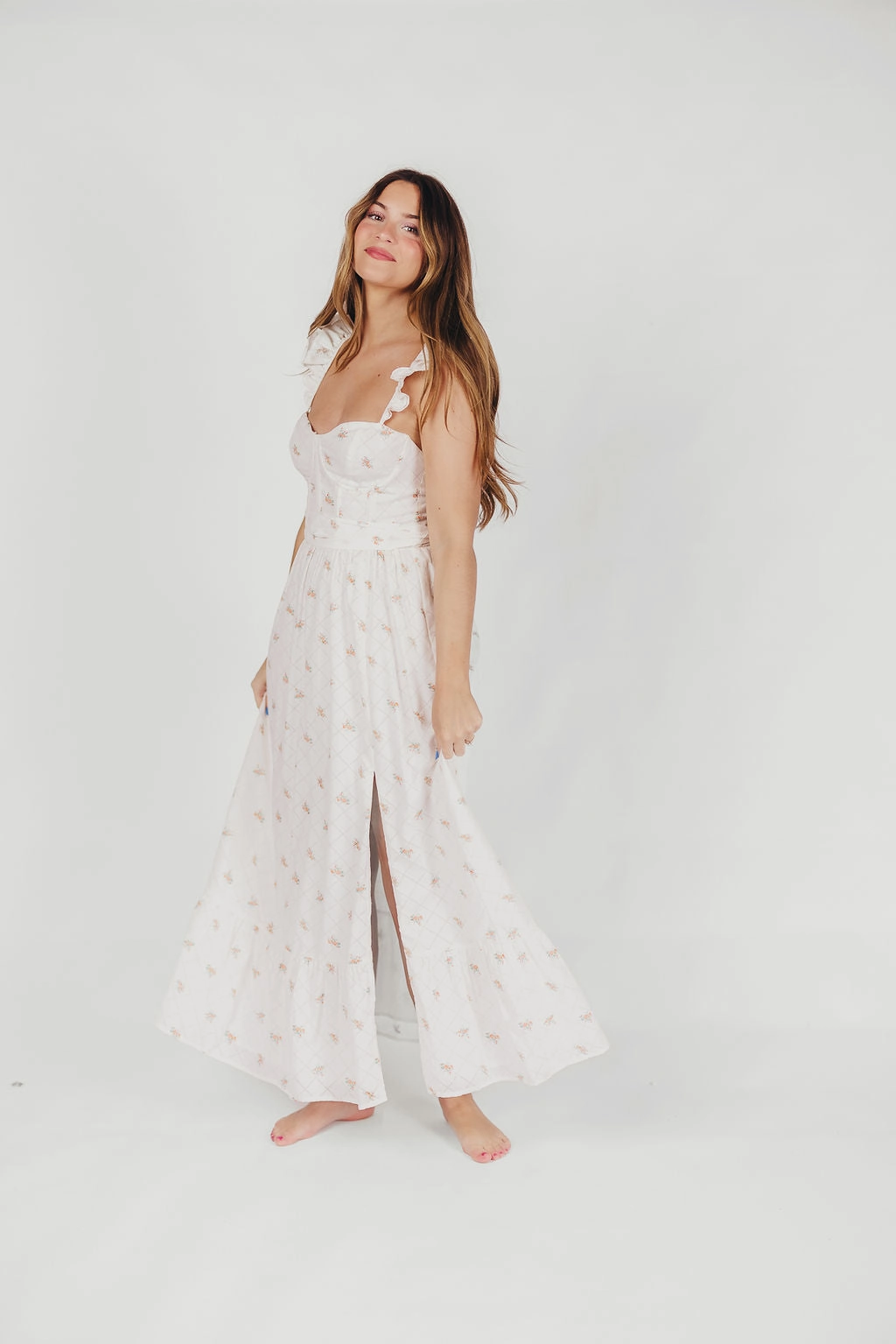 Effortless Comfort All-Purpose Wear Rosamund Bustier-Style Maxi Dress in White/Orange Floral - Inclusive Sizing (S-XL)