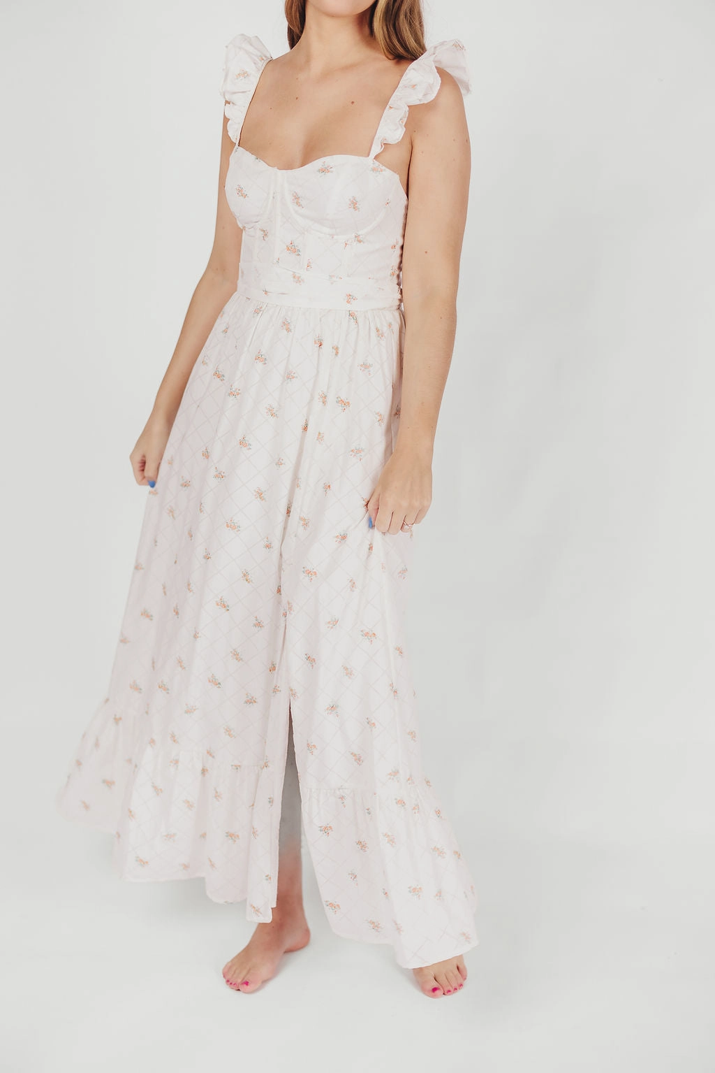 Rosamund Bustier-Style Maxi Dress in White/Orange Floral - Inclusive Sizing (S-XL) Cozy and Comfortable