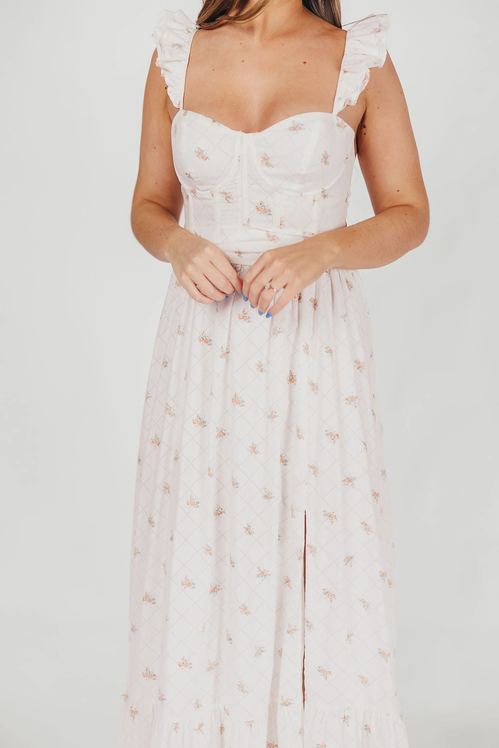 Fresh Outfit Rosamund Bustier-Style Maxi Dress in White/Orange Floral - Inclusive Sizing (S-XL)