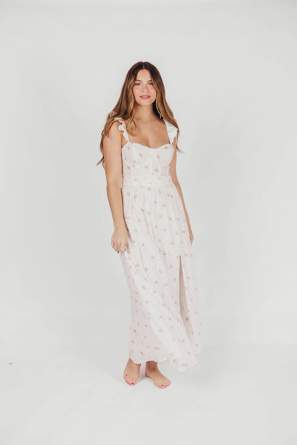 Rosamund Bustier-Style Maxi Dress in White/Orange Floral - Inclusive Sizing (S-XL) MultiPurposePockets Calm Aesthetic