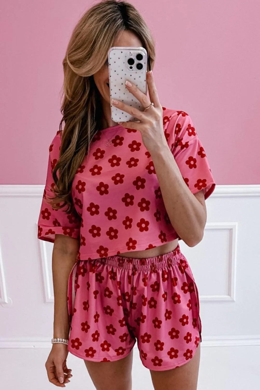 Rose Floral Pink Crop Short Lounge Set