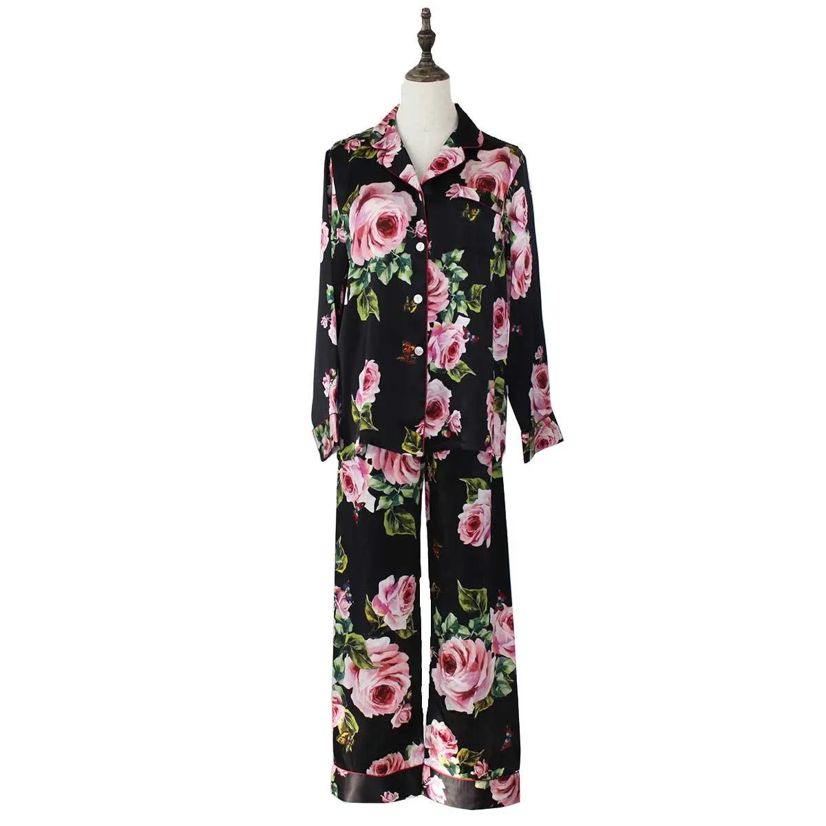 Rose Floral Silk Pajama Set two piece Silk Pajamas for Women
