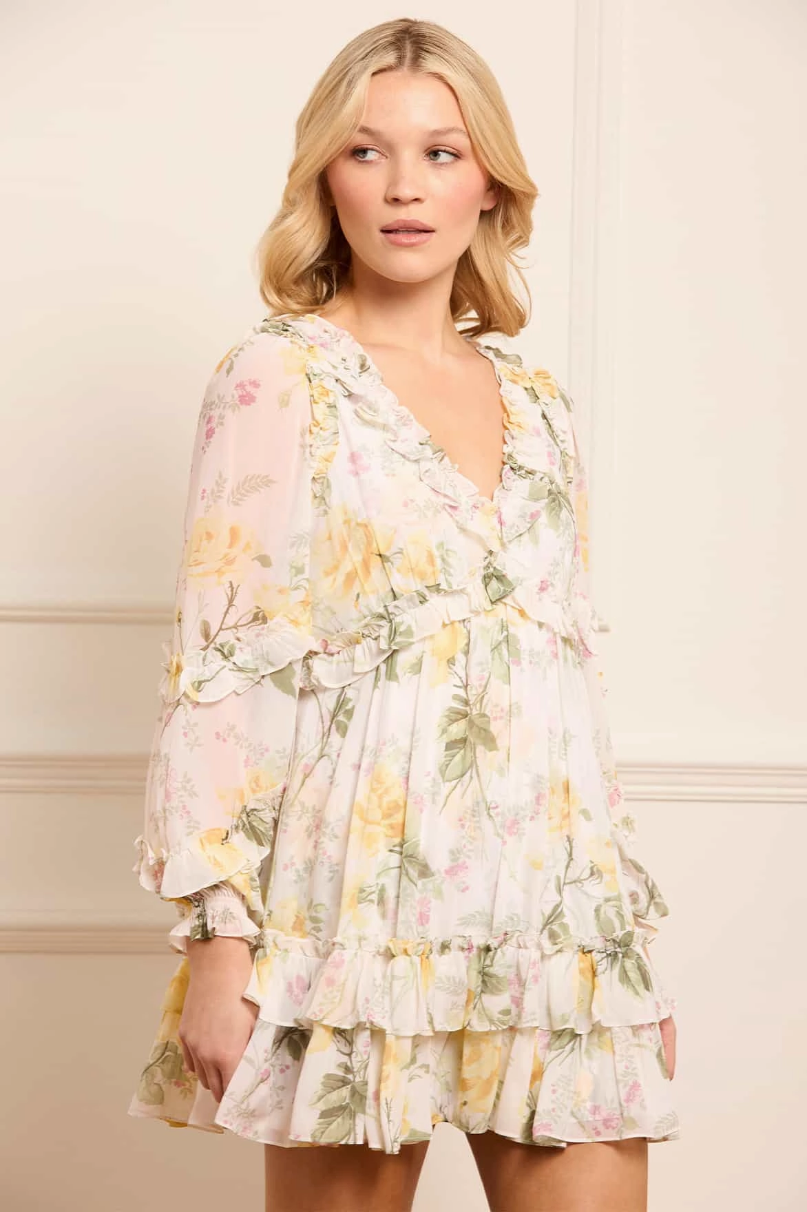 Rose Chiffon Long Sleeve Micro Mini Dress Satin Grace