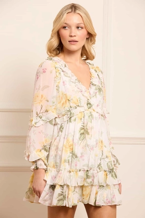 Rose Chiffon Long Sleeve Micro Mini Dress Satin Grace