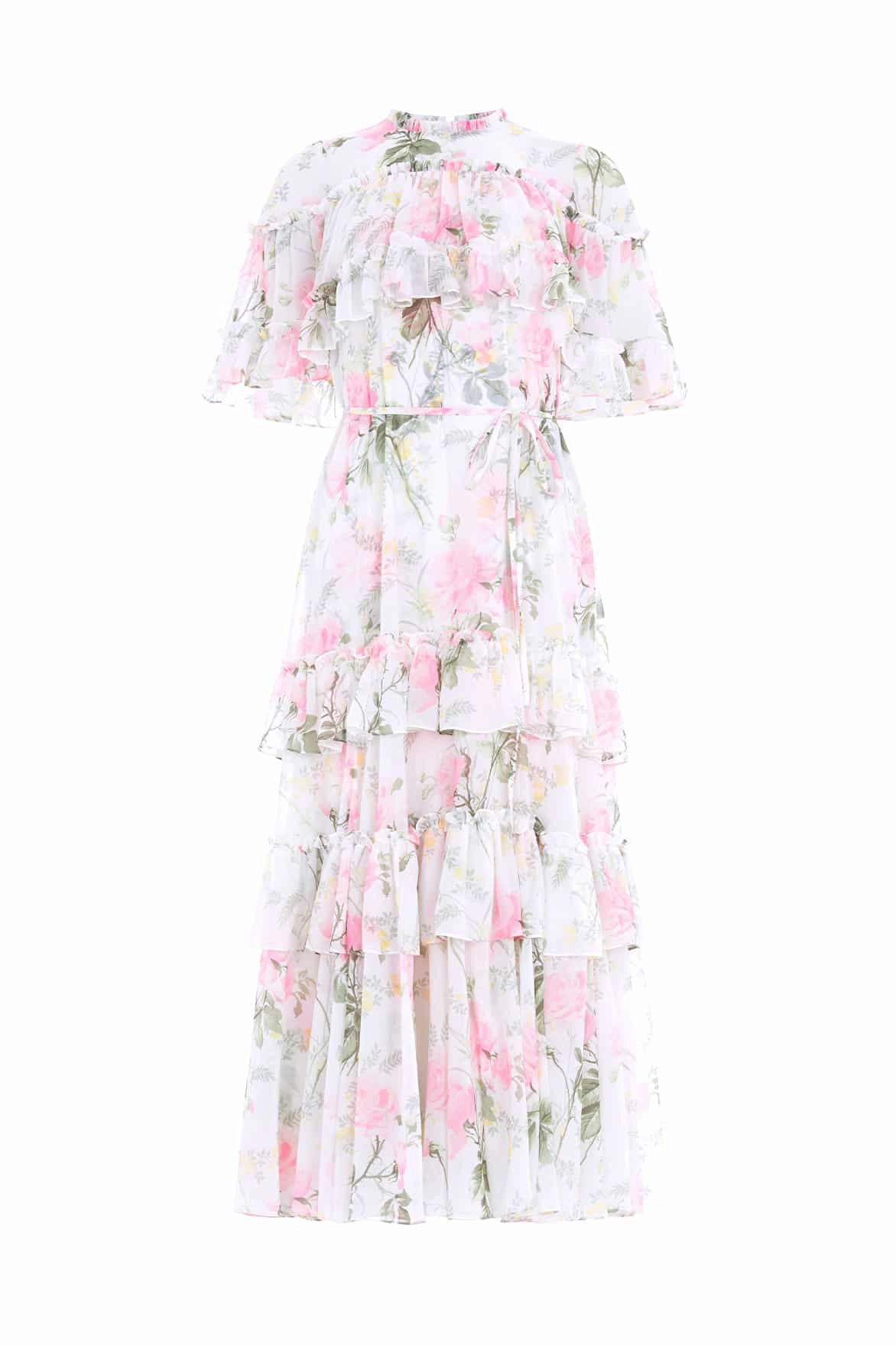 Rose Chiffon Tiered Cape Ankle Gown Stylish Silhouette