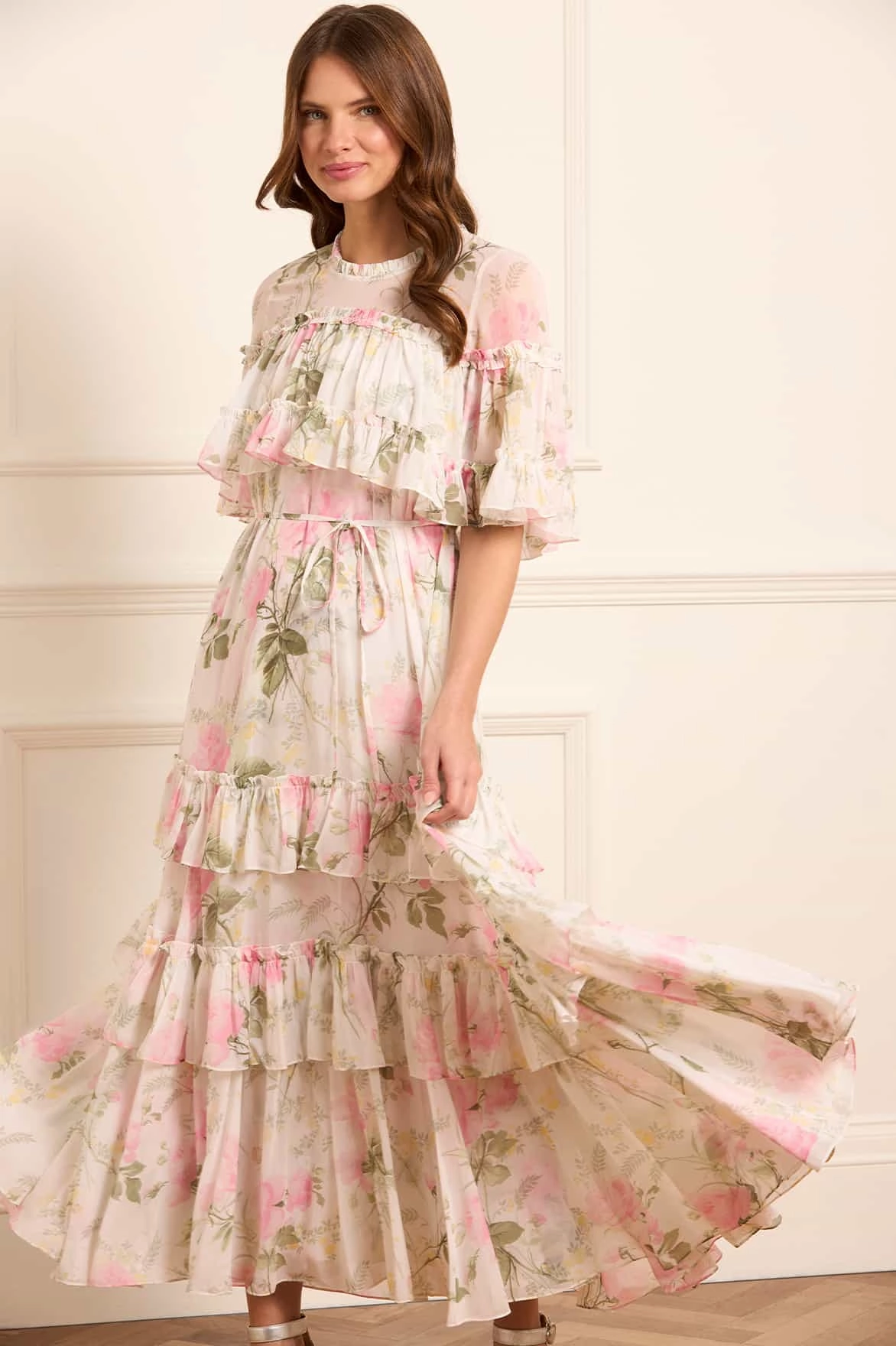 Lazy Pick Matte Fabric Rose Chiffon Tiered Cape Ankle Gown