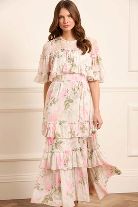 Tailored Layers Rose Chiffon Tiered Cape Ankle Gown
