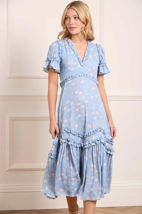 Elegant Layer Timeless Line Rose Ditsy Satin V-Neck Ballerina Dress