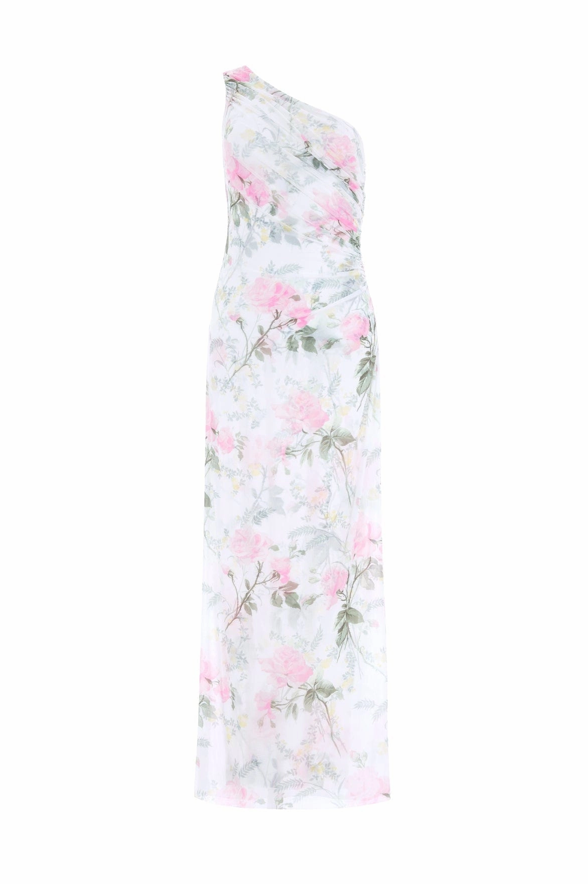Pearl-Detail Rose Draped One-Shoulder Ankle Gown