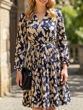 Pleated printed long-sleeved dress Skirt Flare