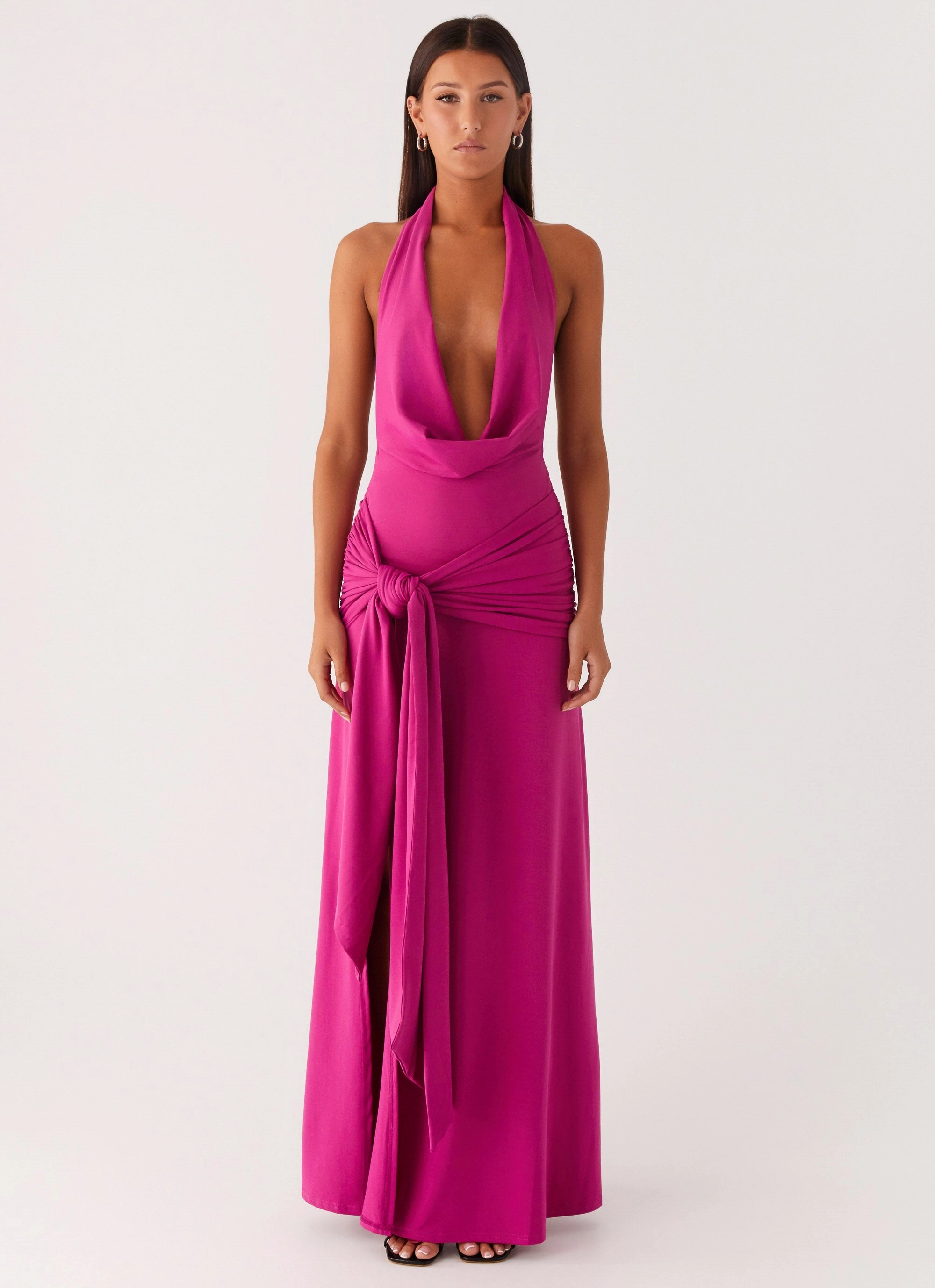 Earth Colors Front Ruffle Rowan Ray Cowl Maxi Dress - Fuchsia