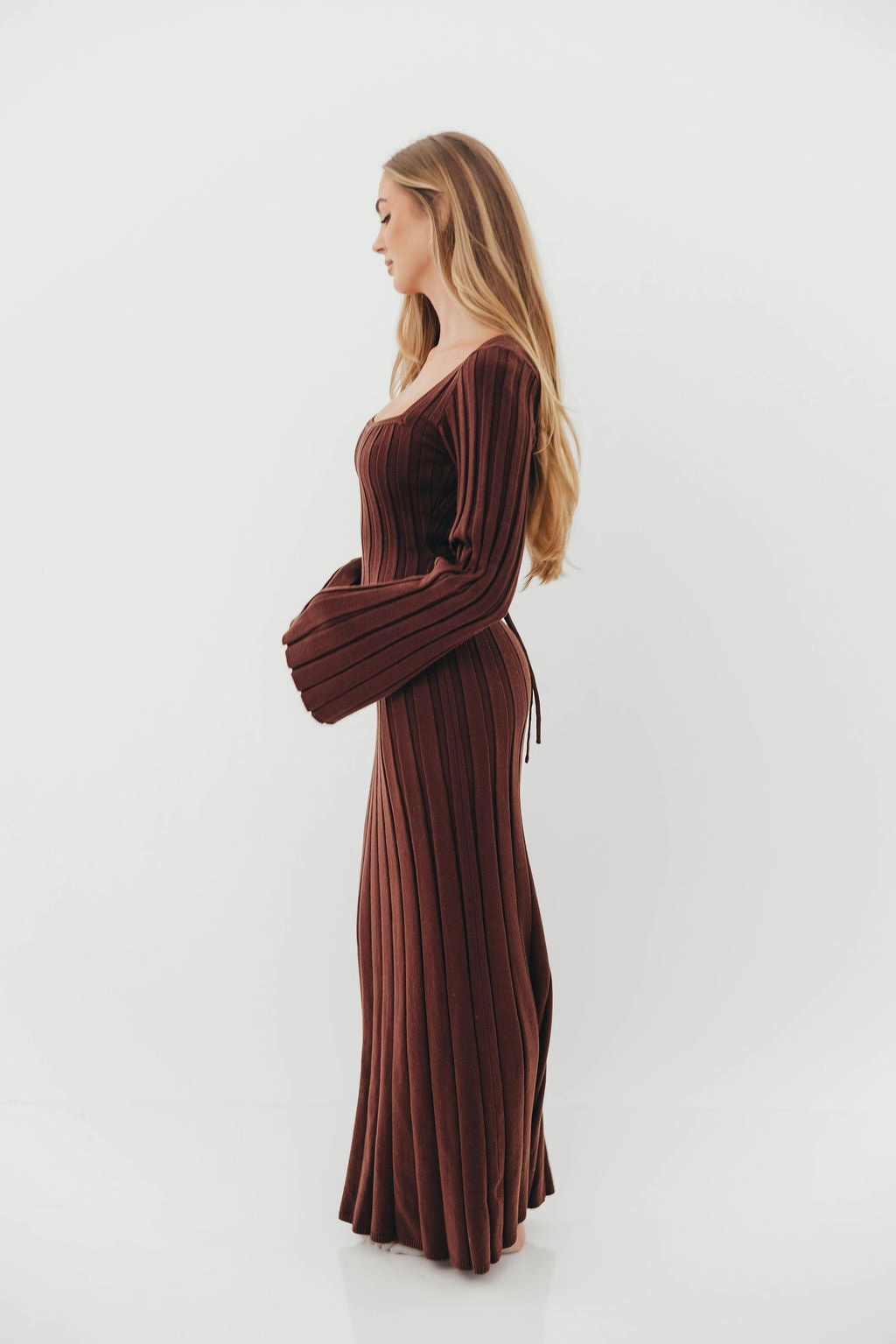 Drawstring-Waist Rowan Square Neck Maxi Dress in Brown
