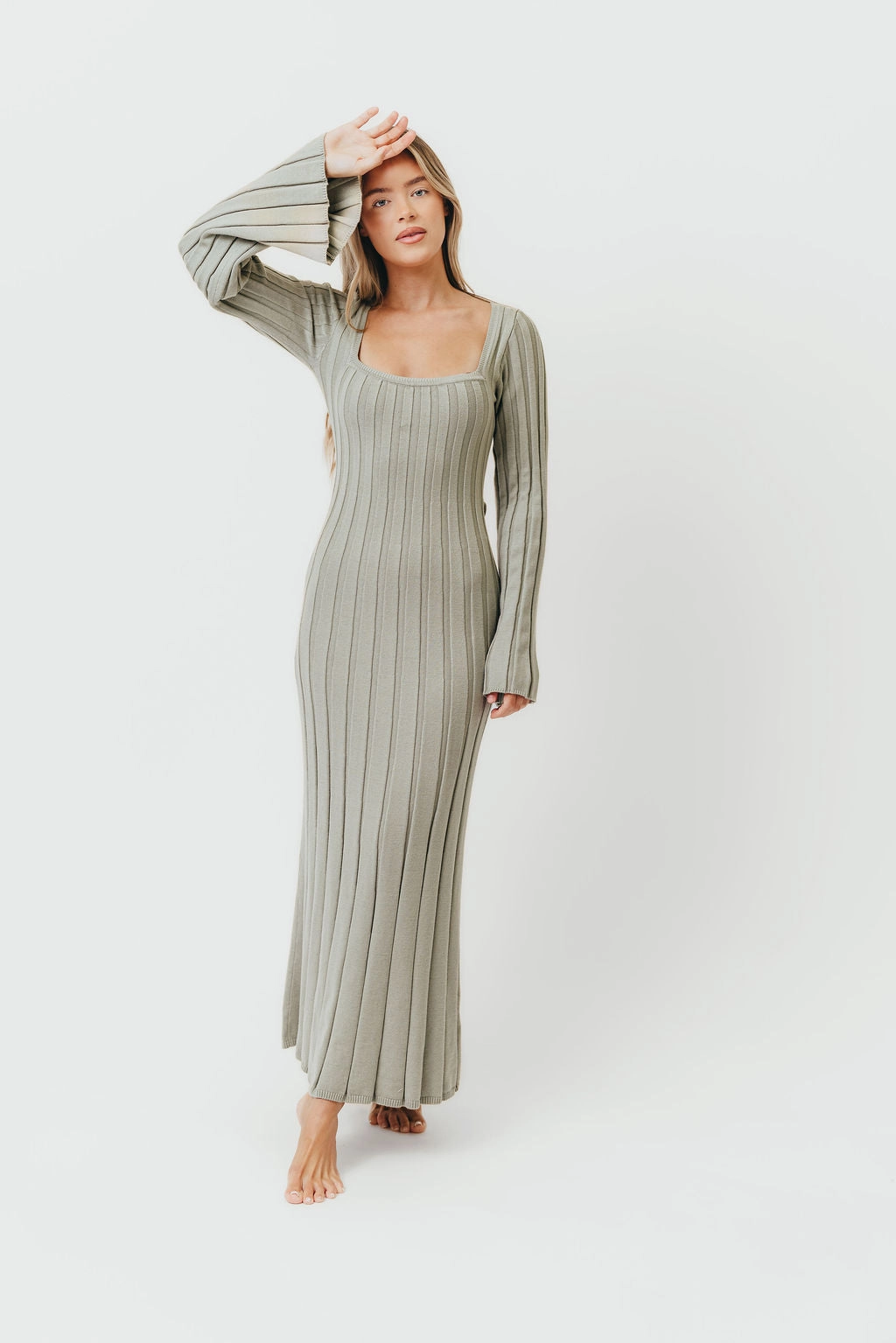 Rowan Square Neck Maxi Dress in Green Sleek Tone