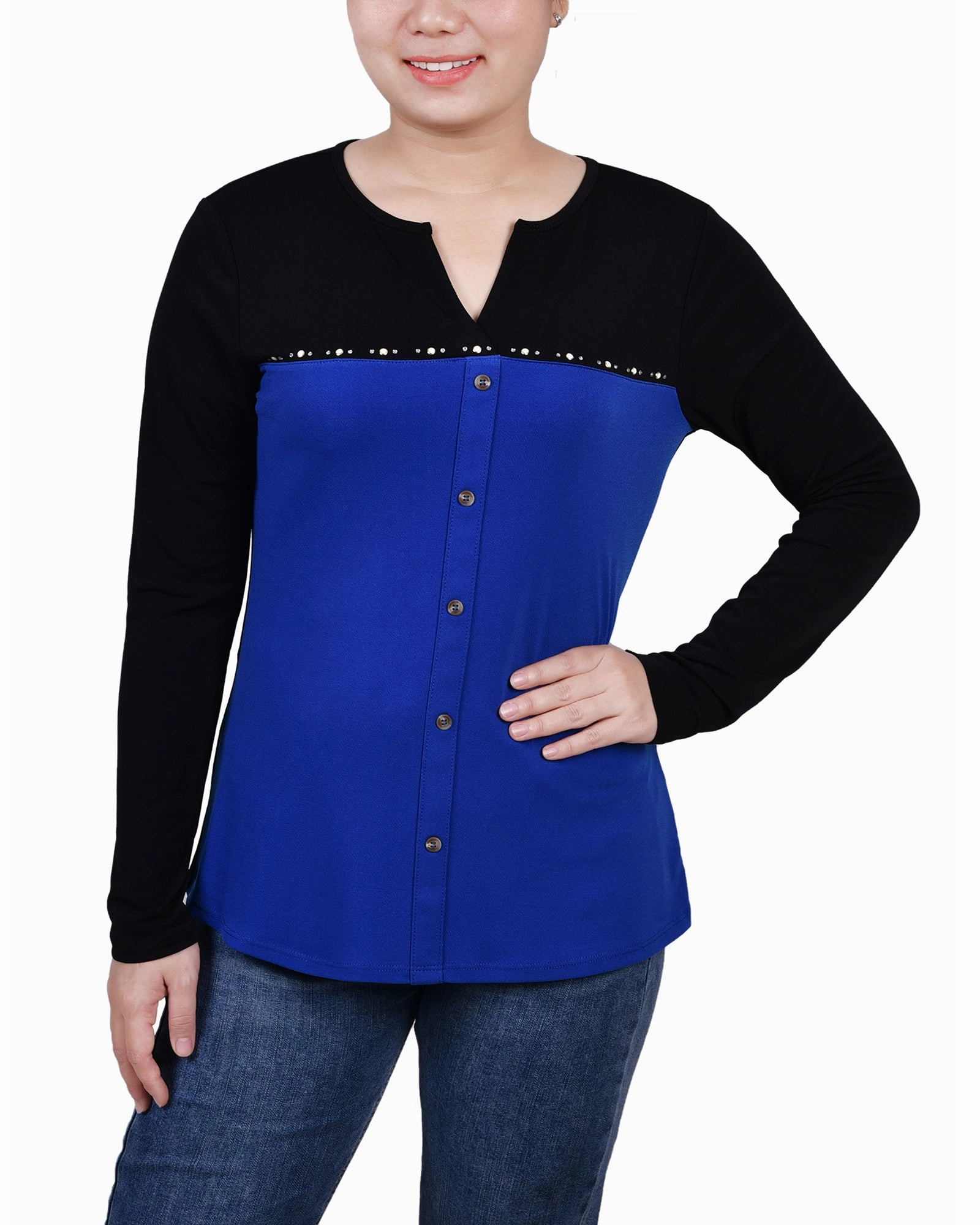 TonalStitching Petite Long Sleeve Studded Colorblocked Split Neck Top